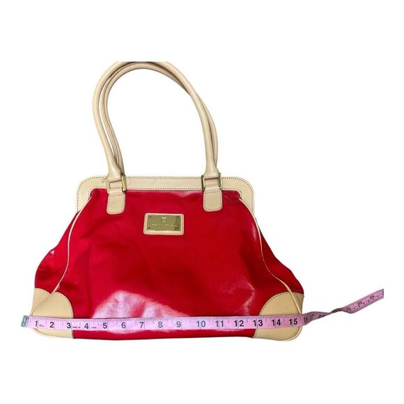 Trina Turk Red Tan Leather Canvas Tote Bag Top Preppy Casual Classic - Picture 10 of 16